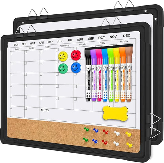 EAONE 16x12 in Double Side Whiteboard Calendar & Cork Board Combo for Wall, 3 in 1 Magnetic Dry Erase Whiteboard Monthly Calendar and Bulletin Board with Aluminum Frame for Home Office Kitchen