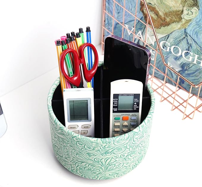 lizimandu Round Leather Art Supply Organizer,Remote Control Holder,360 Degree Spinning,Multi-Functional Pencil Holder,4 Compartments Desktop Stationary Organizer(1-Carved Stone Green)