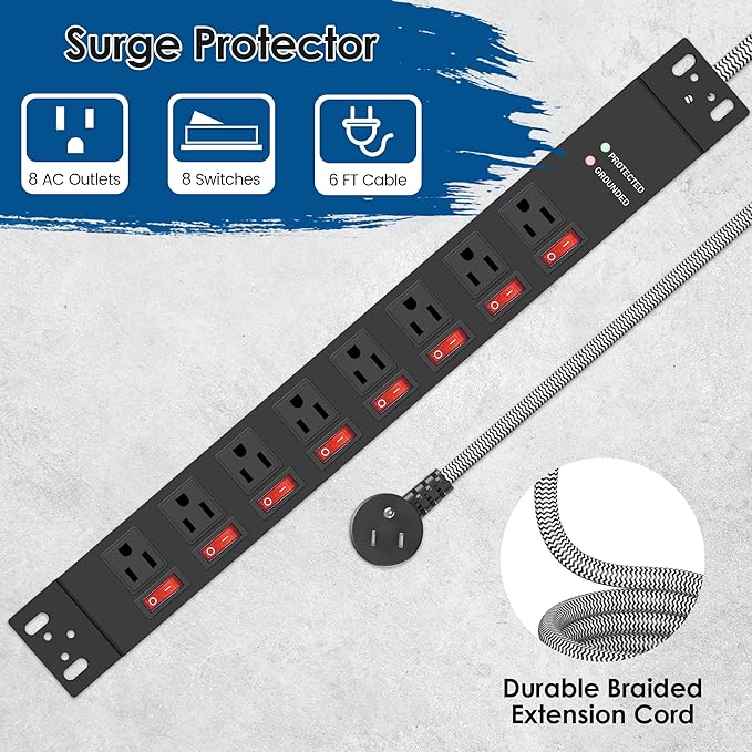 Rack Mount Power Strips,8 Outlet Strips Surge Protector with Individual Switches, PDU Power Strip for Server Racks, 14AWG Heavy-Duty Braided Extension Cord,2700J,15A 125V 1875W (6 FT Cable)