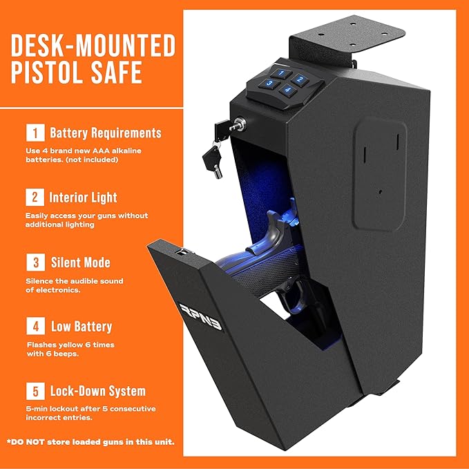 RPNB Mounted Gun Safe,California DOJ Certified Handgun Safe, Auto Open Lid Smart Pistol Safe with Biometric Fingerprint or Keypad Lock