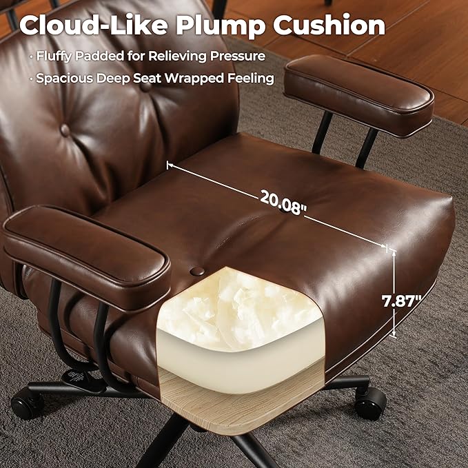 ovios Ergonomic Home Office Chair, Mid-Century Modern Faux Leather Chairs with Thickened Cushions, Comfy High Back Swivel Rolling Executive Computer Armchair (Dark Brown, PU Leather)