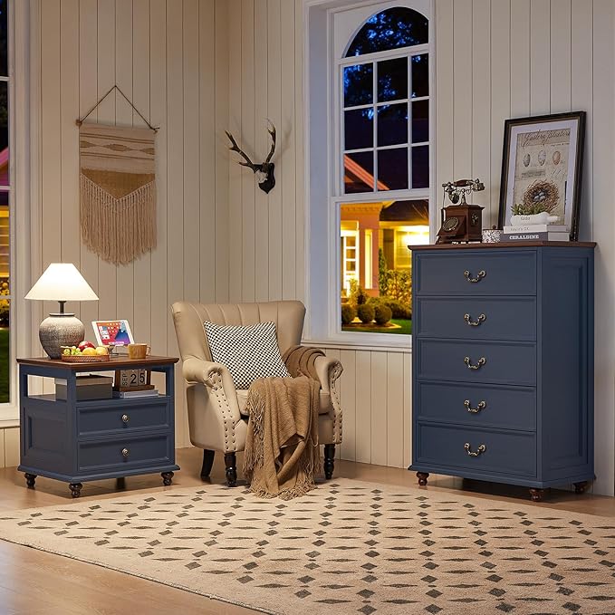 Farmhouse 5 Drawer Dresser for Bedroom, 45" Tall Rustic Chests of Drawers w/ 4 Solid Wood Feet, Mid Century Modern Wooden Closet Storage Dressers Organizer for Living Room, Hallway, Navy Blue