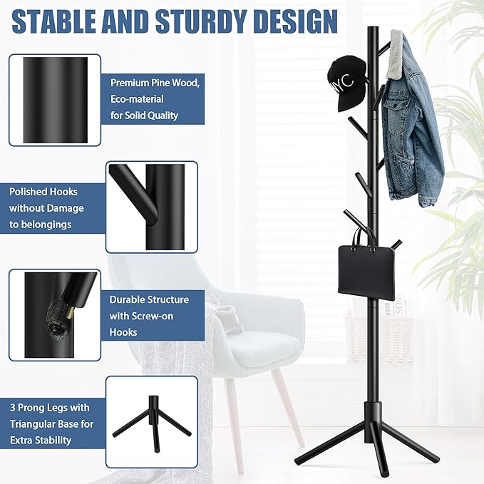 Haddockway Wooden Coat Rack Stand with 8 Hooks New Zealand Pine 3 Adjustable Coat Standing Tree Easy Assembly for Coats, Hats, Scarves and Handbags for Entryway, Hallway, Bedroom, Office,2 PCS