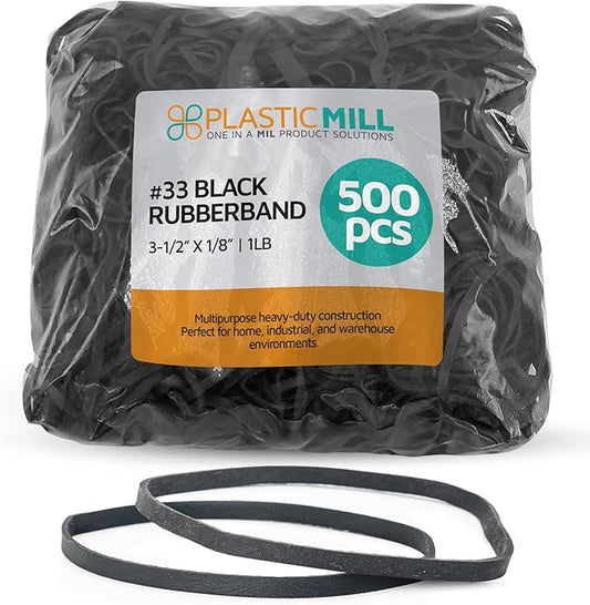 PlasticMill Black Rubber Bands Size 33 (3 1/2" x 1/8") - #33 Rubber Bands Office Supplies - Strong, Elastic Bands for Crafts, Balloon Garland, Cash, File Folders (500-Pack)