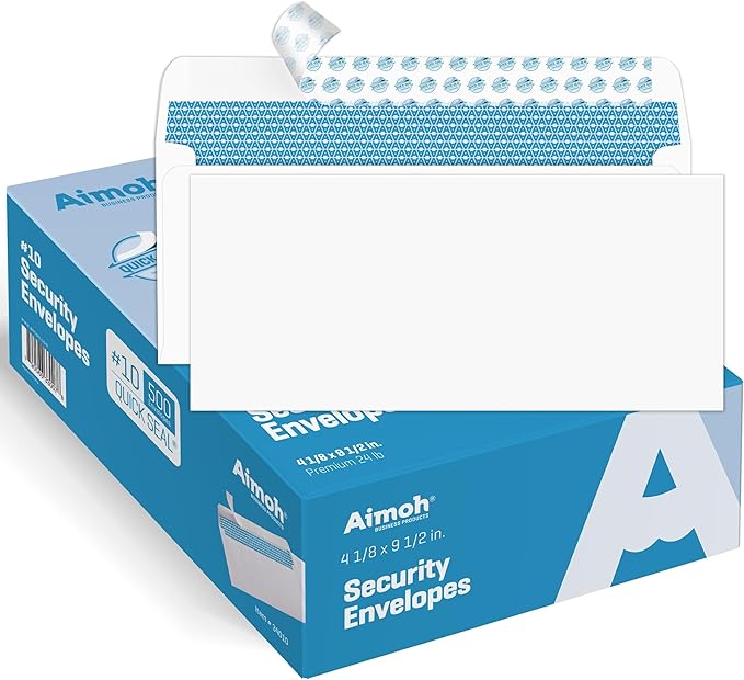 Aimoh #10 Security Self Seal Envelopes – 500 Qty |No Window, EnveGuard, 4⅛ x 9½", White, 24 LB, 500 Count (34100-500)