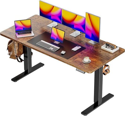 Huuger 55 x 28 Large Electric Standing Desk, Height Adjustable Computer Desk, 27.6" Deep Desktop, Stand up Gaming Office Desk with 2 Hooks, 3 Preset Heights, for Home Office, Rustic Brown