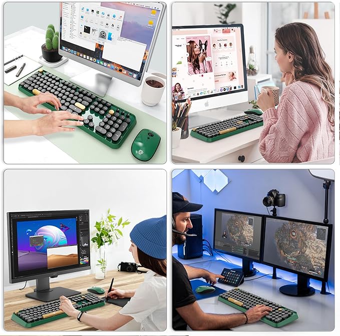 FOPETT Wireless Keyboard and Mouse Combo, 104 Keys Full-Sized 2.4 GHz Round Keycap Colorful Keyboards, USB Receiver Plug and Play, for Windows, Mac, PC, Laptop, Desktop (Black Green)