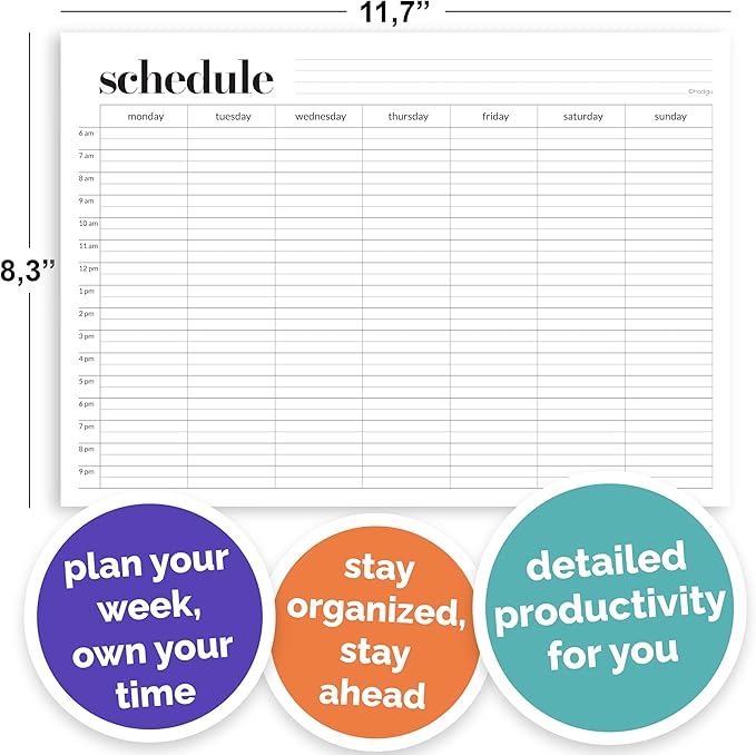 Weekly Schedule Pad, Tear Off Undated Weekly Planner Notepad, A4 Size (8,3" X 11,7"), Premium Thick Paper with Cardboard Back Support, Desk Planner by Hadigu
