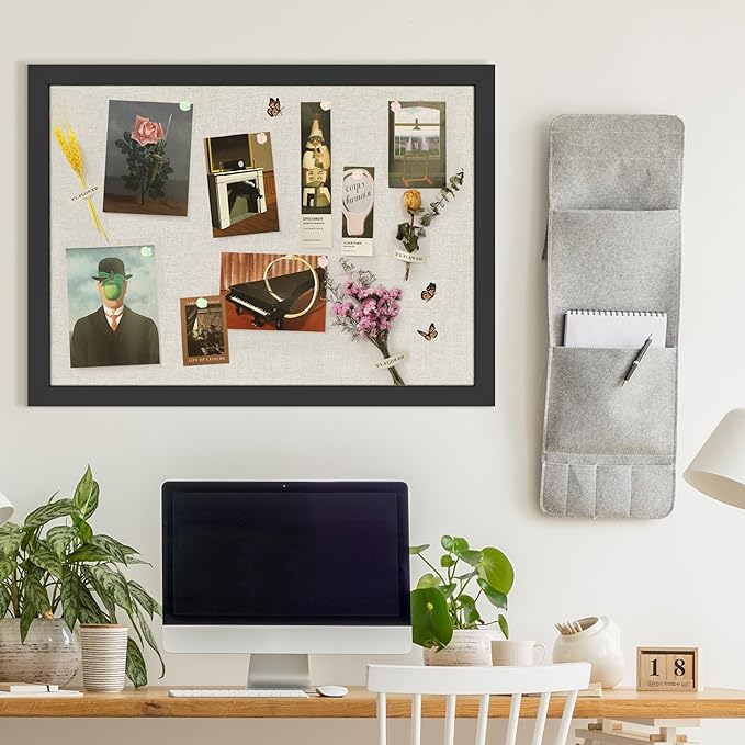 Cork Board Bulletin Board 18" x 24", Large Linen Corkboards with Frame for Walls, Cute Picture Display Pin Board Vision Board for Room School Office Bedroom 20 Pushpins Vintage Black
