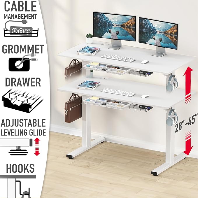 SHW 55 x 28 Inches Electric Height Adjustable Standing Desk with Drawer and Memory Preset, White
