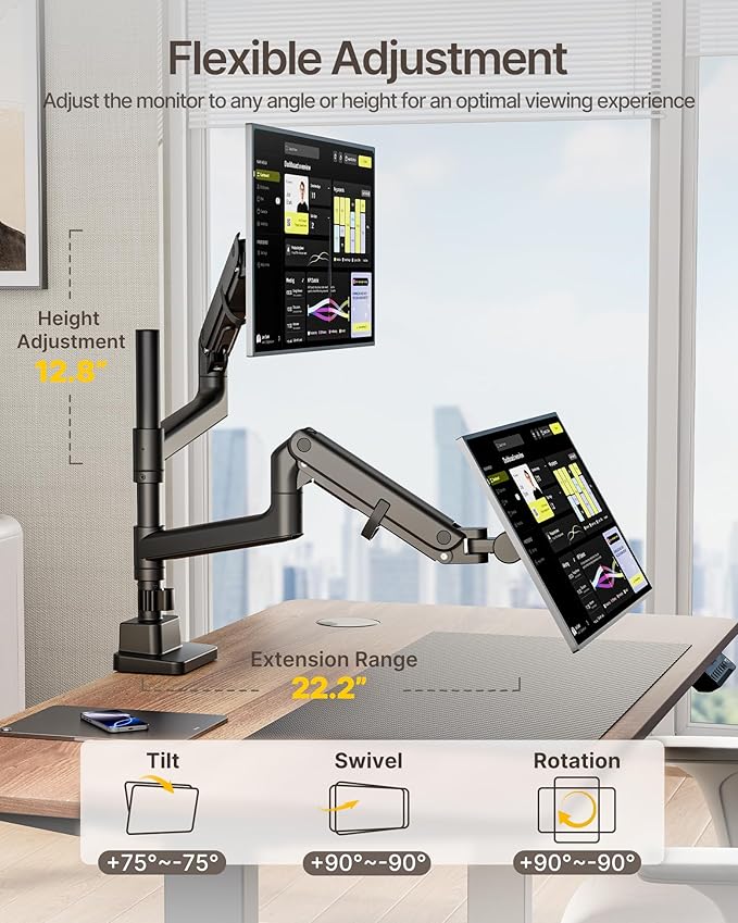 monTEK Dual Monitor Arm for up to 57" and 59.4 lbs Ultrawide Screen, Aluminum Heavy-Duty Gas Spring Vertical Stackable Curved Screen Adjustable Monitor Stand, 75/100mm Vesa Mount, Black