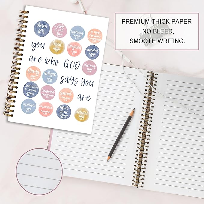 Bible Notebook, A5 Spiral Christian Journal Bible Verse-God Says You Are, Inspirational Notebooks for Women, Bible Study, Gift for Birthday Christmas, Office Supplies (Light blue)