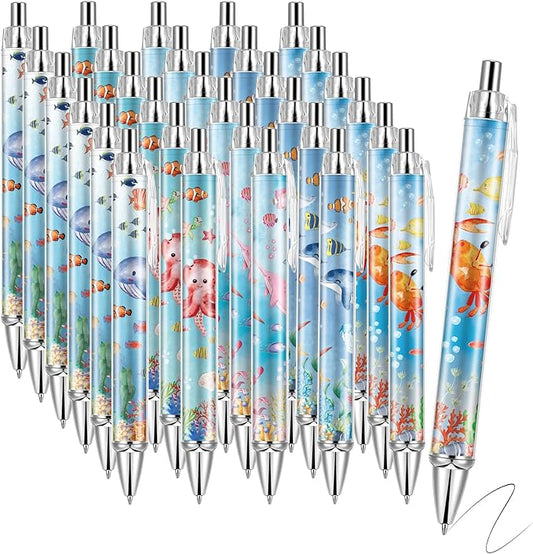 30 PCS Under Sea Ballpoint Pens Retractable Fish Shark Pens Under The Sea Party Favors with 1mm Black Ink Replaceable Ballpoint Pen Refill for Kids Birthday School Office Supplies(Under Sea,30)
