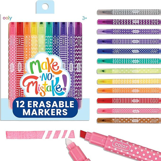 Ooly Make No Mistake Erasable Markers, Stress and Mess Free Marker Pack You Can Erase, Drawing & Coloring Pens for Kids and Adults, Colorful Back to School Supplies for Any Arts & Crafts, Set of 12