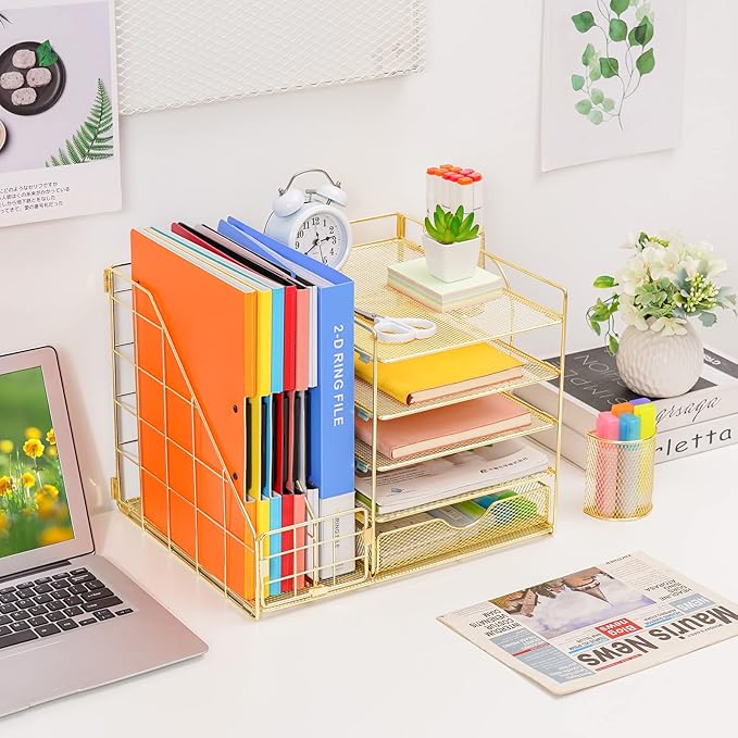Marbrasse Rose Gold Desk Organizer with File Holder, 5-Tier Paper Letter Tray Organizer with Drawer and 2 Pen Holder, Mesh Desktop Organizer and Storage with Magazine Holder for Office Supplies
