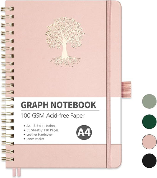 RETTACY Graph Grid Paper Notebook, 110 Pages, A4 Large Size (8.5'' × 11''), 5 Squares per Inch, Leather Hardcover, 100 GSM Thick Paper, for School, Students, Math, Engineering (Rose Gold)