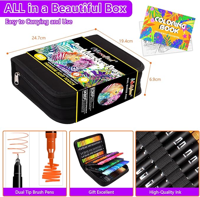 Brush Pens, 105 Colors Dual Tip Markers for Adult Coloring Books, Note Taking and Lettering