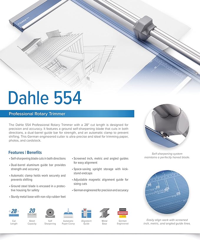 Dahle 554 Professional Rotary Trimmer, 28" Cut Length, 20 Sheet Capacity, Self-Sharpening, Dual Guide Bar, Automatic Clamp, German Engineered Paper Cutter