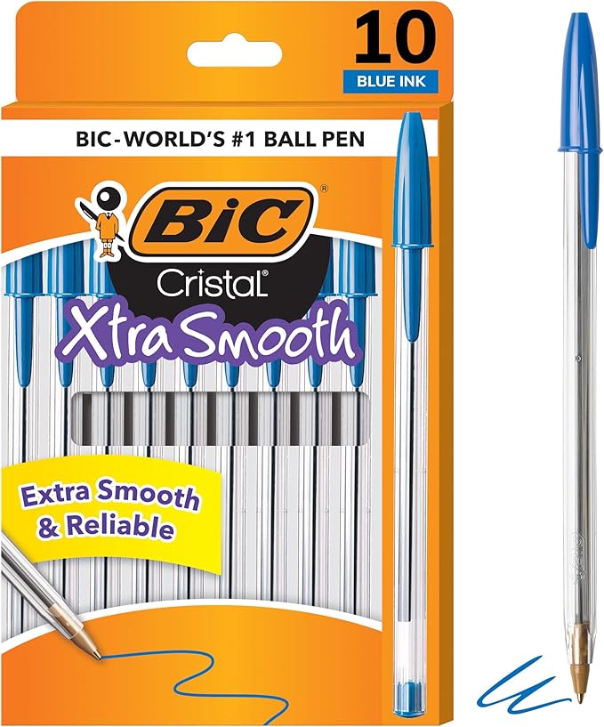 BIC Cristal Xtra Smooth Ballpoint Pen, Medium Point (1.0mm), Blue, 10-Count