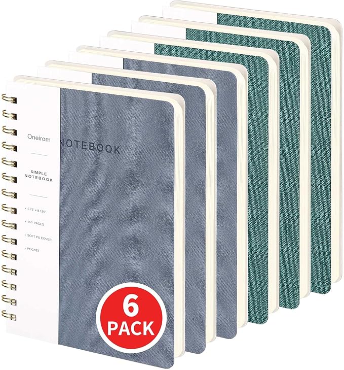 Lined Spiral Notebook College Ruled A5 Journal Book for Note Taking, 160 Pages Writing Journal for Office and Home School Supplies 5.75 x 8.125 inch (6pack-3Reefblue/3Green)