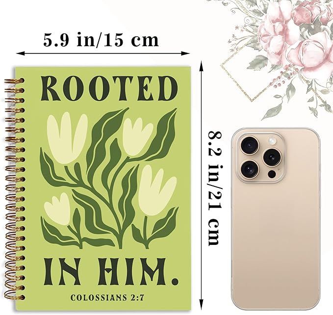 Bible Journal, A5 Spiral Christian Bible Green Flower Notebook, Rooted in Him, Bible Verse Gift for Women Men Birthday Christmas, Sunday School, Office Supplies, Bible Study (Green-flower)