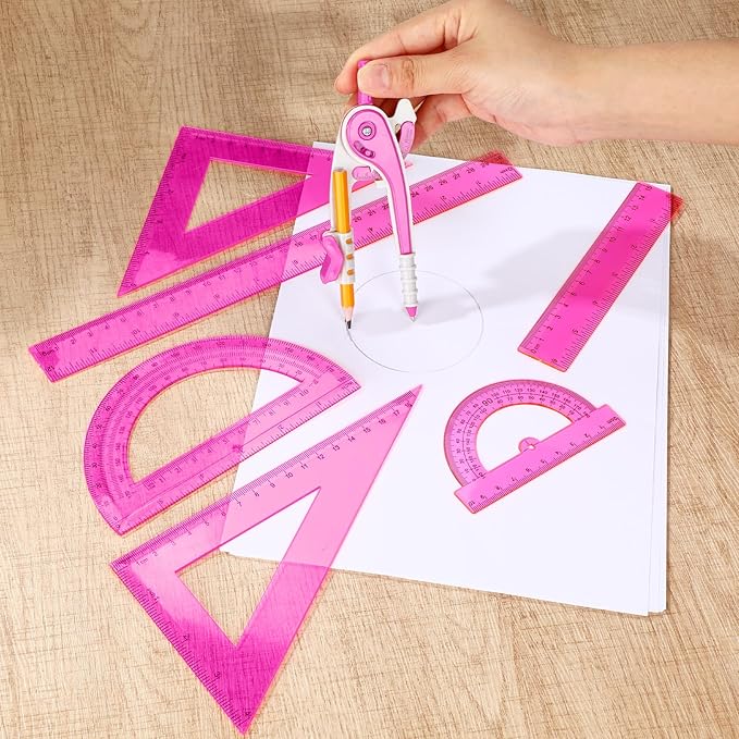 Zonon 1 Set Plastic Geometry Math Set 7 Pcs Includes 6'' / 4 '' Protractor, Drawing Compass, 45/60 Degree Triangle Rulers, 12'' / 6'' Math Ruler Transparent for Office Supplies(Pink)
