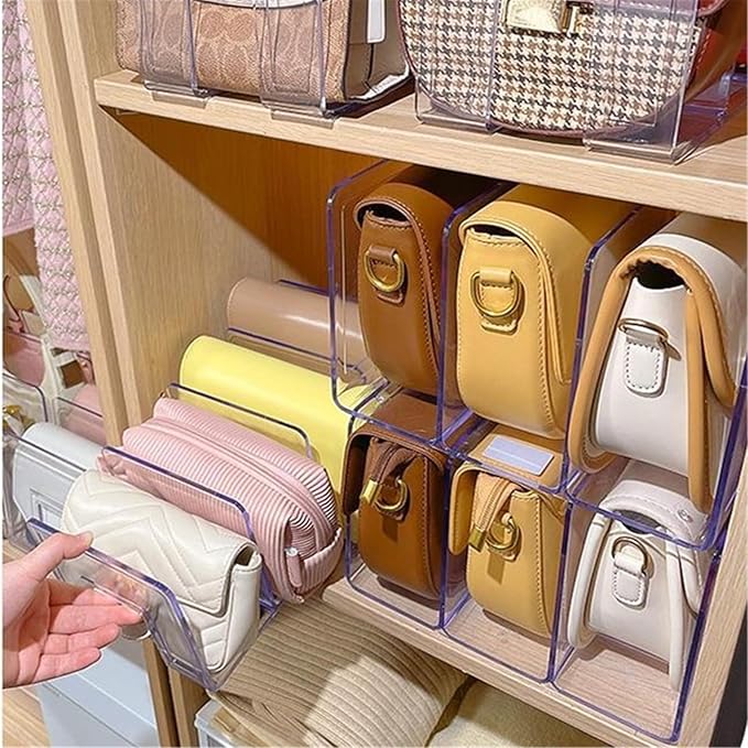 LUGUNU Acrylic Clear Purse Divider Organizer Clear Desk File Sorter Divider Mesh Folder Closet Shelf Storage Office Supplies Stand Holder Bookshelf (2 Pack of 3 Sections)