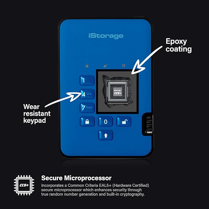 iStorage diskAshur2 HDD 5TB Blue | Secure portable hard drive | Password protected | Dust & water resistant | Hardware Encryption