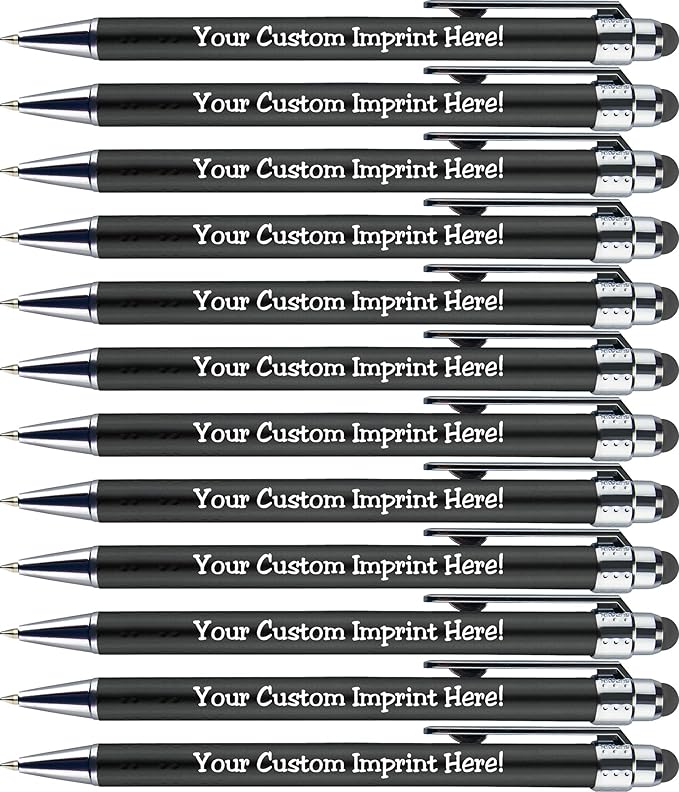 Personalized Pens with Stylus Tip -Bright Vibes- Click action - Custom - Black writing - Printed Name pens - Imprinted with Your Logo or Message - FREE PERSONALIZATION - 12 Pens/Box (Black)