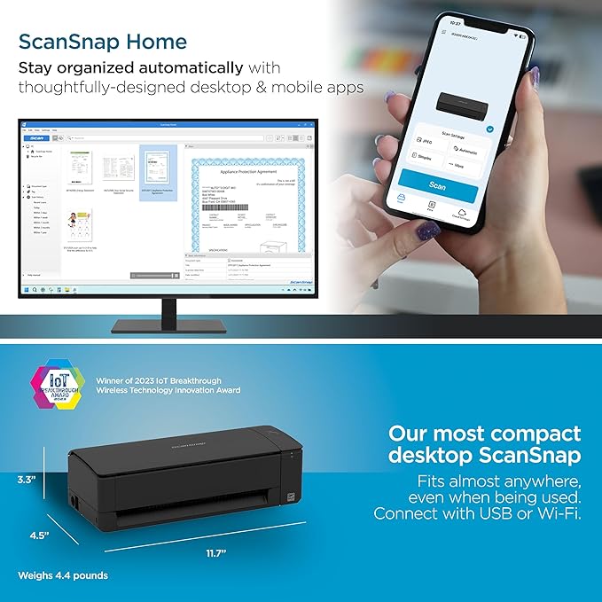 ScanSnap iX1300 Compact Wireless or USB Double-Sided Color Document, Photo & Receipt Scanner with Auto Document Feeder and Manual Feeder for Mac or PC, Black