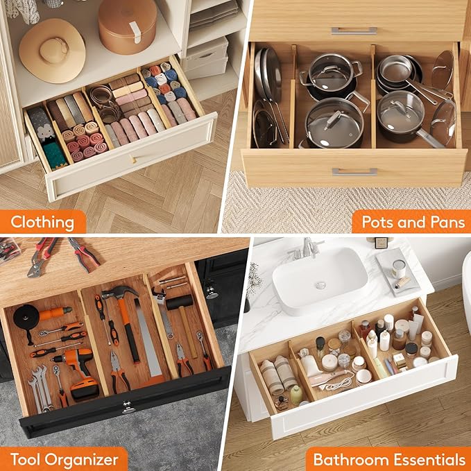 Lifewit 8 Pack Drawer Dividers Bamboo 6" High, 11-17" Adjustable Drawer Organizers for Clothes, Expandable Dresser Separators in Bedroom/Bathroom/Kitchen/Fridge/Office Organization and Storage