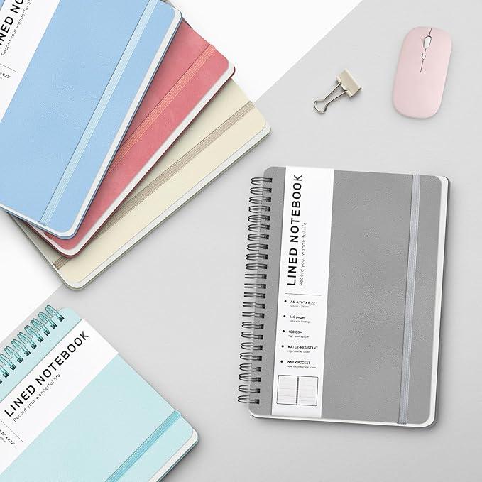 Lined Spiral Journal Notebook, A5 Hardcover Leather Notebook for Work, 5.7''×8.2'', 100GSM Thick Paper Spiral Bound Journaling Notebook for Women Men Office School Note Taking Business, Morandi black