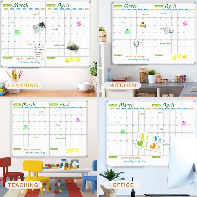 JILoffice Magnetic Dry Erase Calendar Whiteboard, 2 Month White Board Planner 48 X 36 Inch, Silver Aluminum Frame Wall Mounted Board for Office Home and School