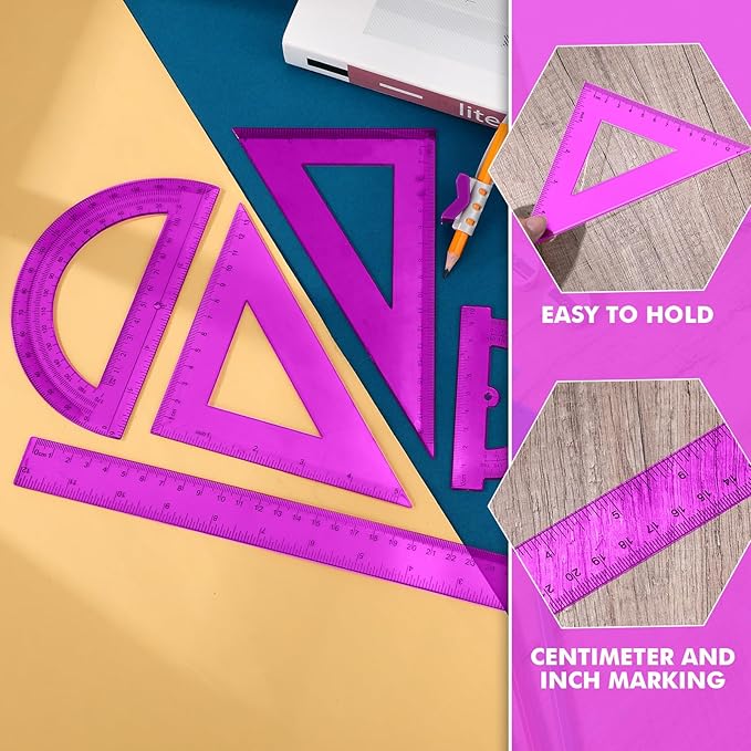 Tenare 6 Pcs Plastic Ruler Math Set Includes 12 Inch 6 Inch Straight Protractor Triangle Geometry Transparent Math Ruler Measuring Tools for School Office Home(Purple)