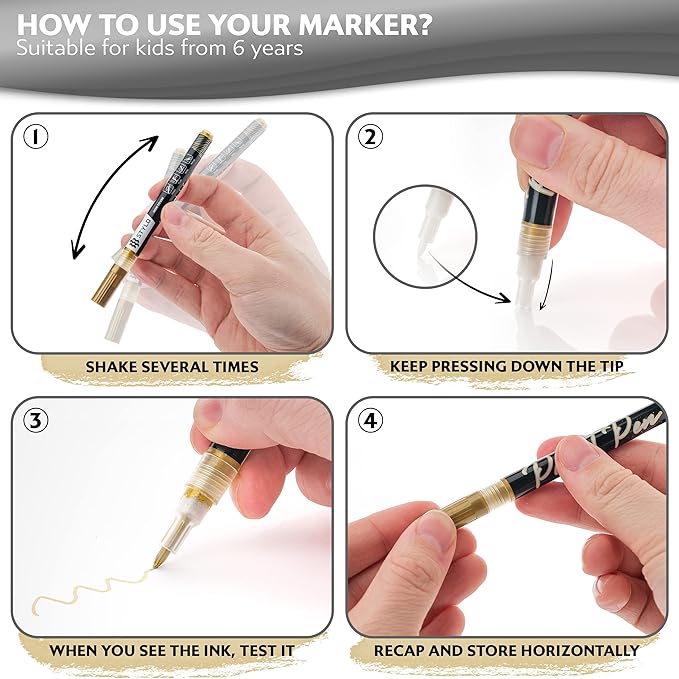 Stylo 4 Count Acrylic Metallic Pens - Gold Paint Pens - Fine Tip Permanent Acrylic Metallic Paint Markers for Rock Painting, Glass, Wood, Ideal for Arts and Crafts (Pack of 4, Gold)