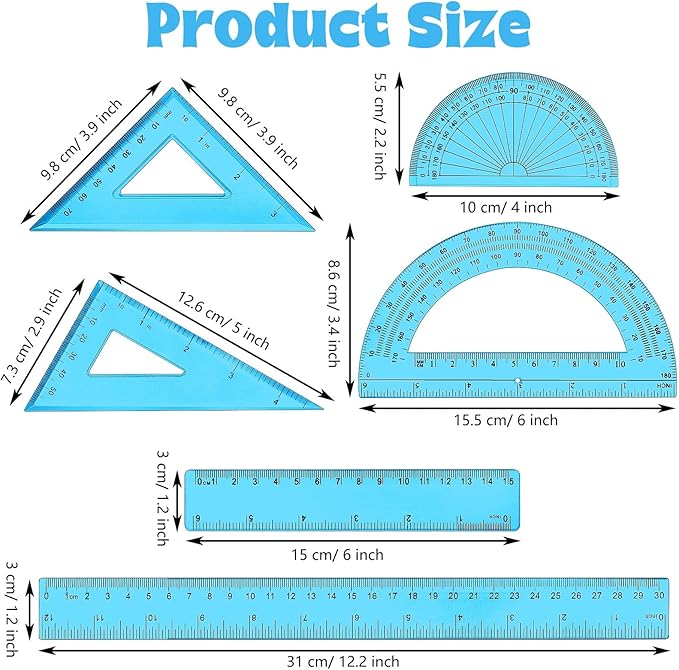 Tenare 1 Set Plastic Clear Math Set Includes Protractor Triangle Rulers 12 Inch 6 Inch Straight Geometry Math Transparent Ruler Measuring Tool for School Office Home Supplies(Blue)