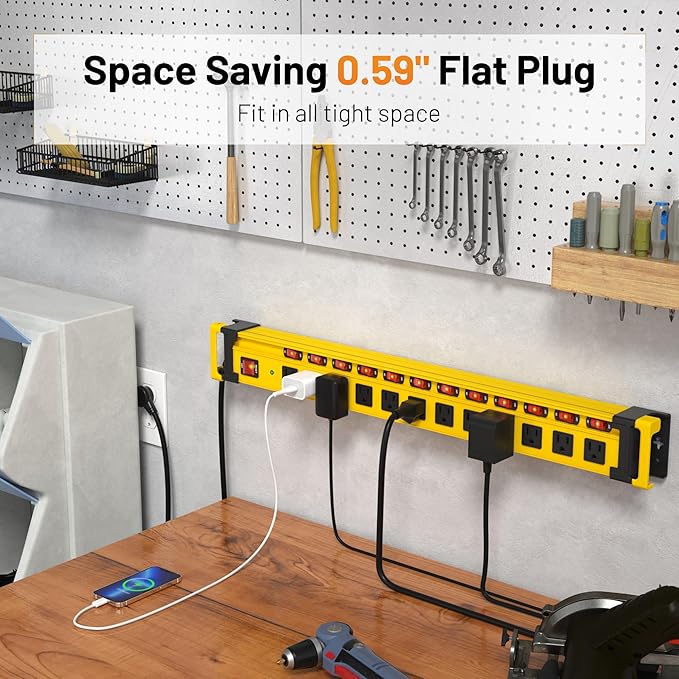 Plug'n 12 Outlet 3300J Surge Protector Power Strip,Individual Switches,9FT/14AWG/15AMP/1875W Power Cord,Heavy Duty Metal Power Strip with Cord Manager,for Workshop,Garage,Shop,2 Packs