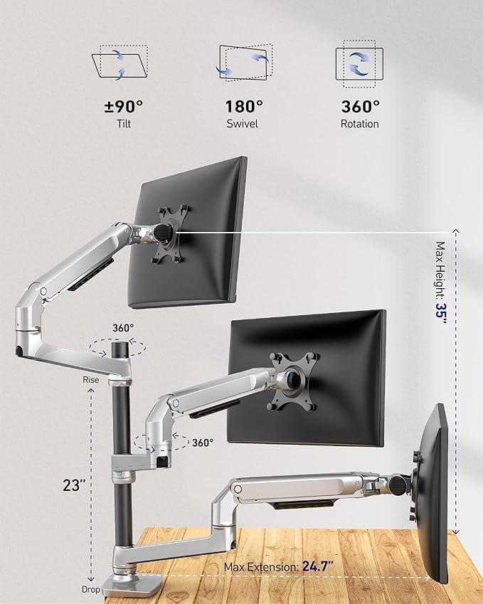 Triple Monitor Mount, Holds Screens up to 40 Inches and 25 lbs, Fully Adjustable 3 Monitor Desk Mount with C-Clamp and Grommet Base, Aluminum, Silver