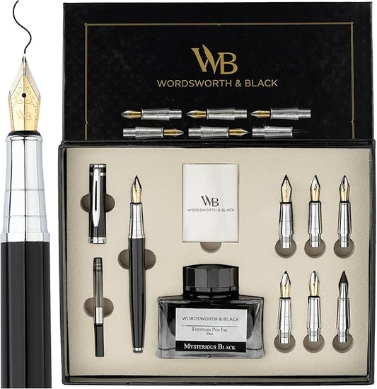 Wordsworth & Black Calligraphy Pen Gift Set, Includes Bottle, 6 Cartridges, Refill Converter, 6 Replacement Nibs, Premium Package, Journaling, Smooth Writing Pens [Black Chrome]