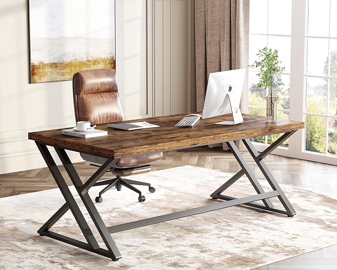 LVB Rustic Wood Computer Desk, Metal Home Executive Office Desk, Industrial Large Gaming Writing Desk, Wooden Student Study Computer Table for Bedroom Living Room, Rustic Brown, 60 Inch