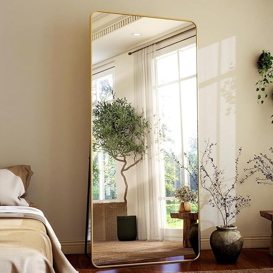 HARRITPURE 71x32 inch Rounded Full Length Mirror Aluminum Frame Gold Mirror Full Length Floor Mirror with Stand for Living Room Bedroom Cloakroom