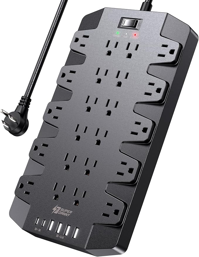 Power Strip, SUPERDANNY Surge Protector with 22 AC Outlets, 2 USB-C and 4 USB Ports, 1875W/15A, 2100J, 6.5Ft Extension Cord Surge Protector Power Strip with Wall Mount Holes for Home, Office, Dorm