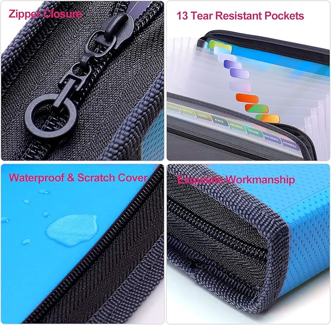 MEGREZ Expanding File Folder with 13 Pockets, A4 Paper File Folder with Zipper Color Labels, Waterproof Accordion File Folder Organizer for Home Office, Blue