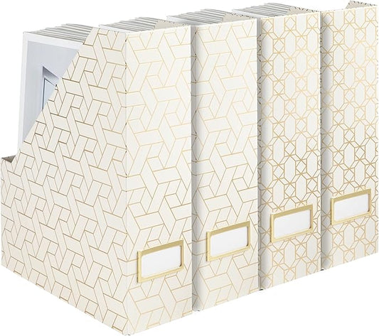 BLU MONACO Decorative Foldable Magazine Storage Boxes for Desk - Set of 4 Gold Magazine Holders with Cream Woven Design – Vintage Magazine File Organizer – Book Bins & Office Décor Storage Solution