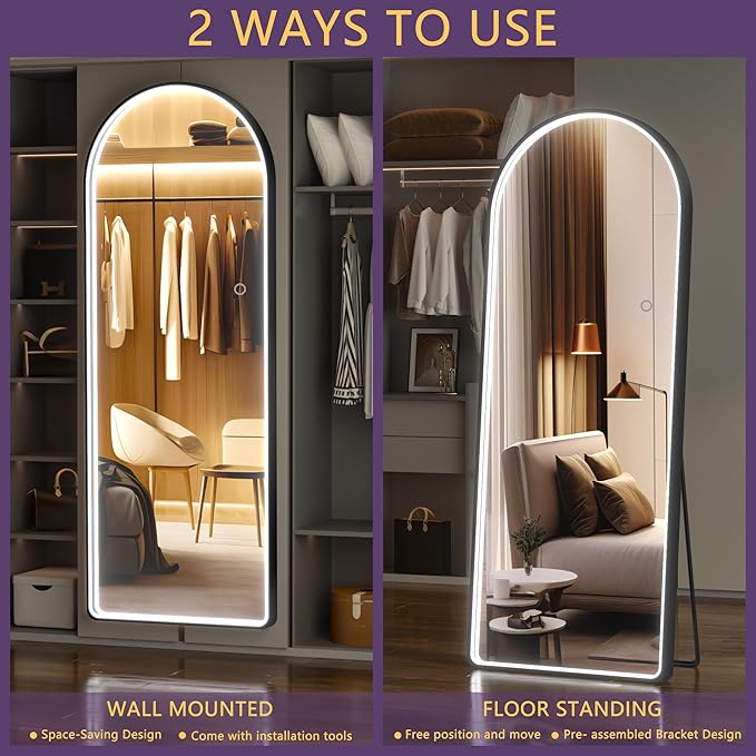 Hasipu 63" x 22" Led Mirror - Full Length, Arch Design, Wall Mounted with Dimming & 3 Color Modes