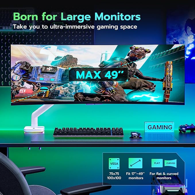 Ultrawide Monitor arm for 17-49'' Heavy Duty Screen up to 44lbs, Gas Spring Single Monitor Arm with RGB Light, Adjustable Gaming Computer Monitor Arm for Desk, White