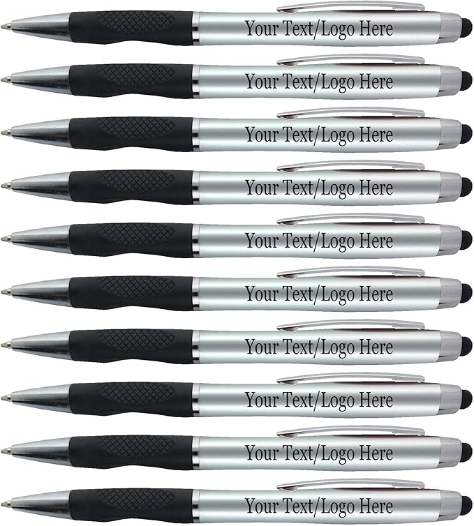 Personalized Pens With your Custom Logo or Text-300 Pack Bulk-for Businesses, Parties, and Events, 2 in 1 Ballpoint Pen + Capacitive Stylus for Touchscreen Devices, Silver Barrel, Blue Ink