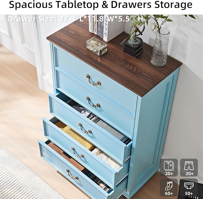Farmhouse 5 Drawer Dresser for Bedroom, 45" Tall Rustic Chests of Drawers w/ 4 Solid Wood Feet, Mid Century Modern Wooden Closet Storage Dressers Organizer for Living Room, Hallway, Light Blue
