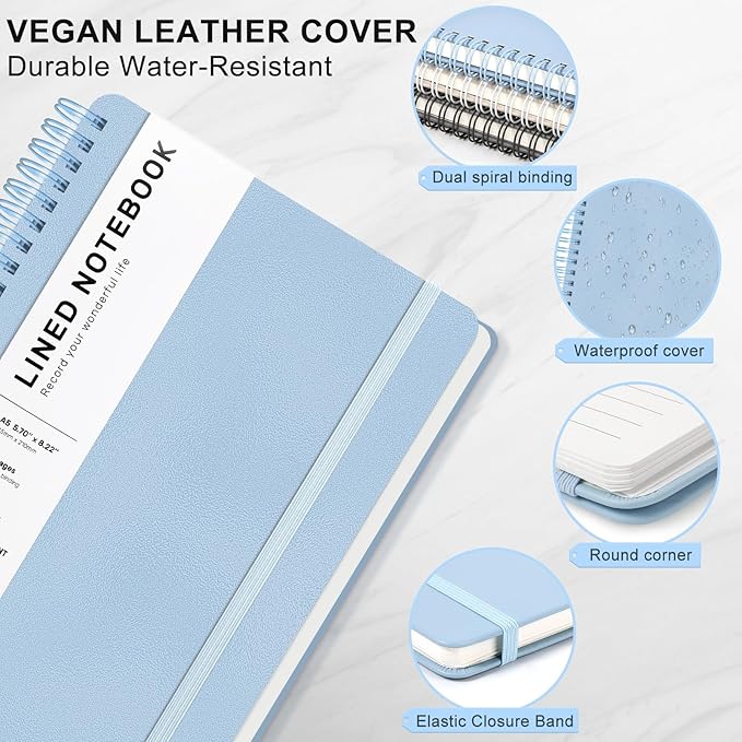 Lined Spiral Journal Notebook, A5 Hardcover Leather Notebook for Work, 5.7''×8.2'', 100GSM Thick Paper Spiral Bound Journaling Notebook for Women Men Office School Note Taking Business, Morandi Blue