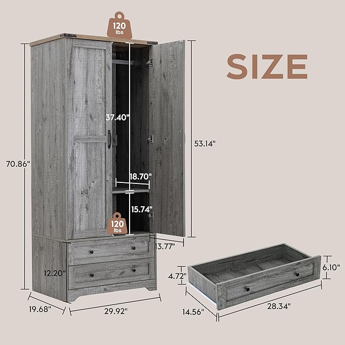Brafab Armoire Wardrobe Closet with 2 Modern Doors, 71" Tall Freestanding Closet Wardrobe Cabinet with Drawers and Hanging Rail, Light Wooden Storage Cabinet with Shelve for Bedroom (Grey, 2 Doors)